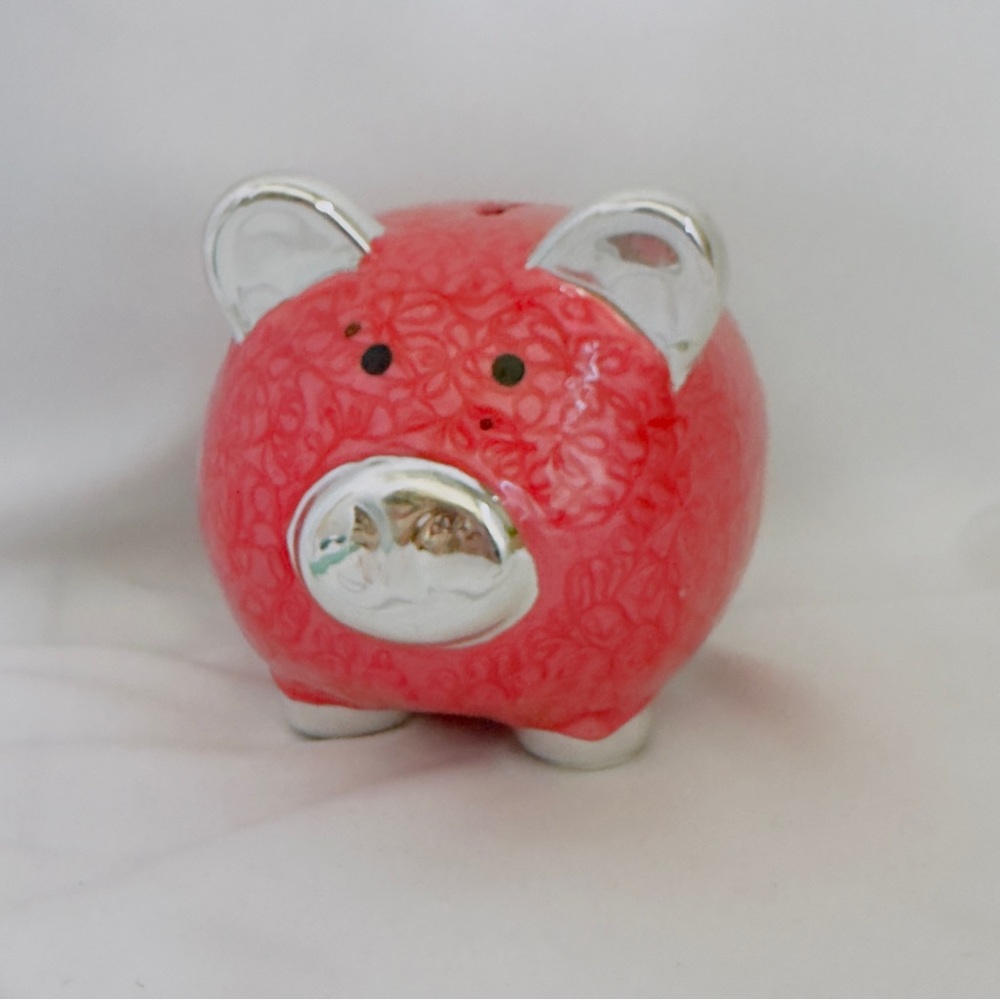 Bright Pink and Silver Piggy Coin Bank Ceramic w Stopper 5x5 NWT